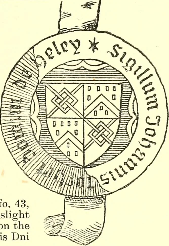 An illustration from The Visitation of the county of Rutland, begun by Fran. Burghill, Somerset, and Gregory King, Rougedragon, on Trinity vacation, 1681. Carried on and finished by Tho. May, Chester herald, and the said Rougedragon pursuivt in Hillary and Trinity vacation 1682. By virtue of several deputacons from Sr Henry St George kt., Clarenceux king of arms. Partly edited by the late W. Harry Rylands and completed by W. Bruce Bannerman, 1922, leaf 38