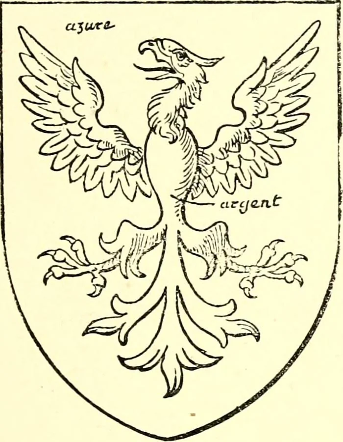 An illustration from The Visitation of the county of Rutland, begun by Fran. Burghill, Somerset, and Gregory King, Rougedragon, on Trinity vacation, 1681. Carried on and finished by Tho. May, Chester herald, and the said Rougedragon pursuivt in Hillary and Trinity vacation 1682. By virtue of several deputacons from Sr Henry St George kt., Clarenceux king of arms. Partly edited by the late W. Harry Rylands and completed by W. Bruce Bannerman, 1922, leaf 44
