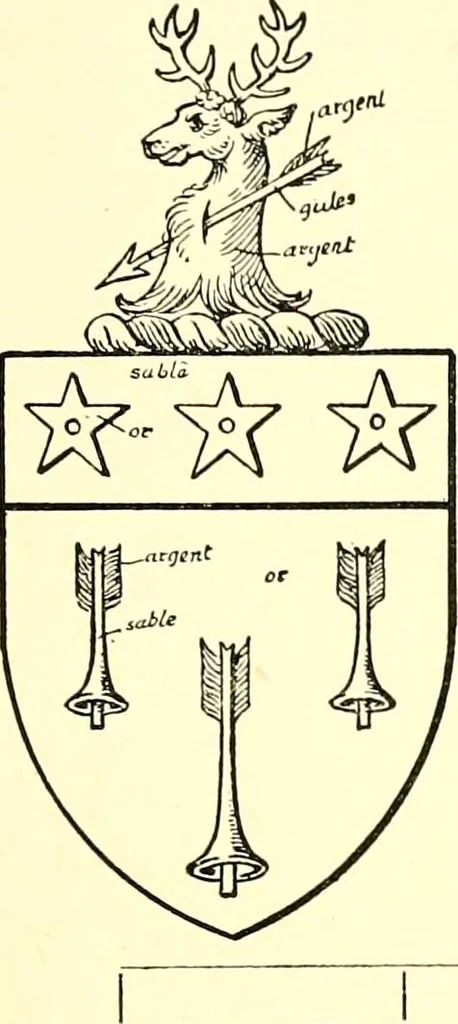 An illustration from The Visitation of the county of Rutland, begun by Fran. Burghill, Somerset, and Gregory King, Rougedragon, on Trinity vacation, 1681. Carried on and finished by Tho. May, Chester herald, and the said Rougedragon pursuivt in Hillary and Trinity vacation 1682. By virtue of several deputacons from Sr Henry St George kt., Clarenceux king of arms. Partly edited by the late W. Harry Rylands and completed by W. Bruce Bannerman, 1922, leaf 54