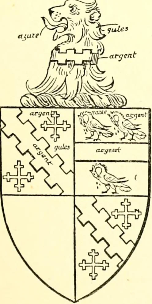 An illustration from The Visitation of the county of Rutland, begun by Fran. Burghill, Somerset, and Gregory King, Rougedragon, on Trinity vacation, 1681. Carried on and finished by Tho. May, Chester herald, and the said Rougedragon pursuivt in Hillary and Trinity vacation 1682. By virtue of several deputacons from Sr Henry St George kt., Clarenceux king of arms. Partly edited by the late W. Harry Rylands and completed by W. Bruce Bannerman, 1922, leaf 72