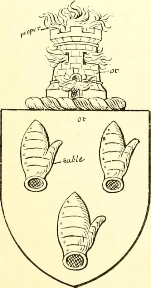 An illustration from The Visitation of the county of Rutland, begun by Fran. Burghill, Somerset, and Gregory King, Rougedragon, on Trinity vacation, 1681. Carried on and finished by Tho. May, Chester herald, and the said Rougedragon pursuivt in Hillary and Trinity vacation 1682. By virtue of several deputacons from Sr Henry St George kt., Clarenceux king of arms. Partly edited by the late W. Harry Rylands and completed by W. Bruce Bannerman, 1922, leaf 80