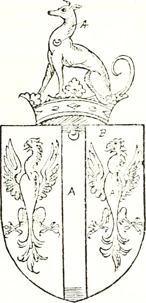 An illustration from The visitation of the county of Warwick, begun by Thomas May, Chester, and Gregory King, Rouge dragon, in Hilary vacacon, 1682. Reviewed by them in the Trinity vacacon following, and finished by Henry Dethick Richmond, and said rouge dragon pursuiv in Trinity vacation, 1683, by virtue of several deputations from Sir Henry St. George, Clarenceux king of arms, 1911, leaf 158