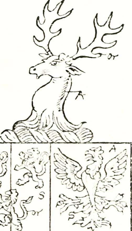An illustration from The visitation of the county of Warwick, begun by Thomas May, Chester, and Gregory King, Rouge dragon, in Hilary vacacon, 1682. Reviewed by them in the Trinity vacacon following, and finished by Henry Dethick Richmond, and said rouge dragon pursuiv in Trinity vacation, 1683, by virtue of several deputations from Sir Henry St. George, Clarenceux king of arms, 1911, leaf 194
