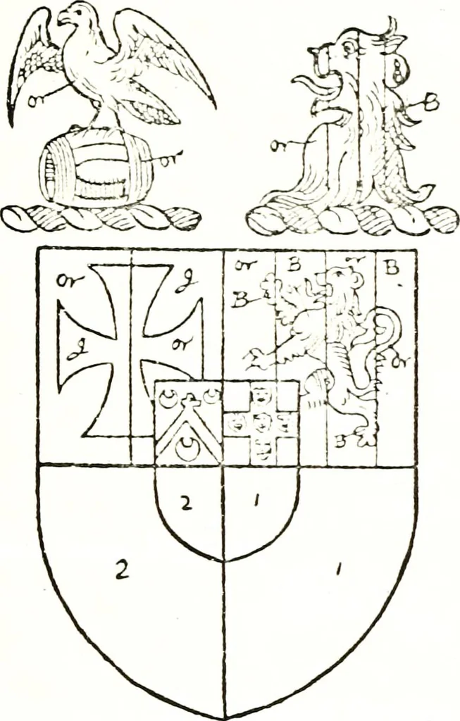 An illustration from The visitation of the county of Warwick, begun by Thomas May, Chester, and Gregory King, Rouge dragon, in Hilary vacacon, 1682. Reviewed by them in the Trinity vacacon following, and finished by Henry Dethick Richmond, and said rouge dragon pursuiv in Trinity vacation, 1683, by virtue of several deputations from Sir Henry St. George, Clarenceux king of arms, 1911, leaf 198