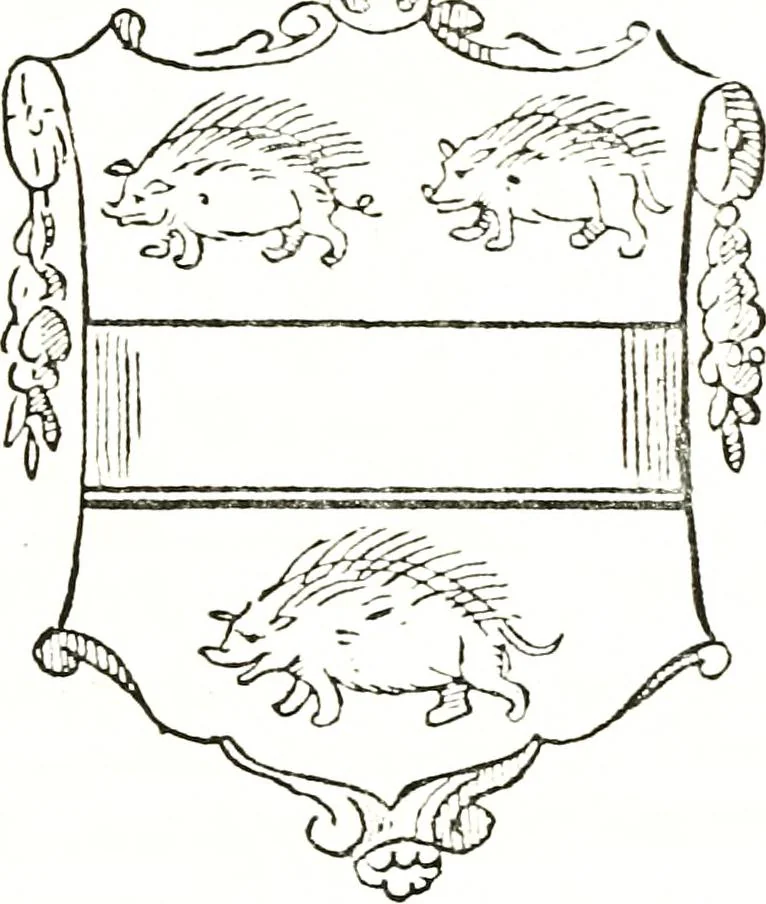 An illustration from The visitation of the county of Warwick, begun by Thomas May, Chester, and Gregory King, Rouge dragon, in Hilary vacacon, 1682. Reviewed by them in the Trinity vacacon following, and finished by Henry Dethick Richmond, and said rouge dragon pursuiv in Trinity vacation, 1683, by virtue of several deputations from Sir Henry St. George, Clarenceux king of arms, 1911, leaf 308
