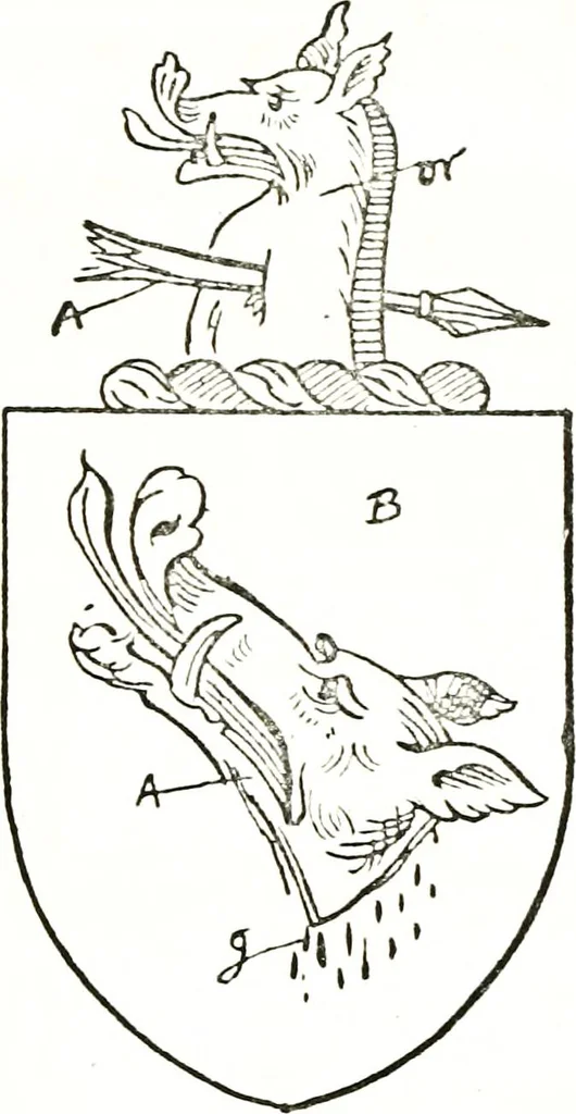 An illustration from The visitation of the county of Warwick, begun by Thomas May, Chester, and Gregory King, Rouge dragon, in Hilary vacacon, 1682. Reviewed by them in the Trinity vacacon following, and finished by Henry Dethick Richmond, and said rouge dragon pursuiv in Trinity vacation, 1683, by virtue of several deputations from Sir Henry St. George, Clarenceux king of arms, 1911, leaf 318