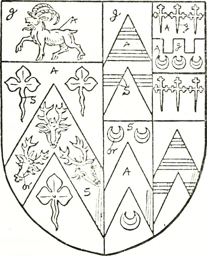 An illustration from The visitation of the county of Warwick, begun by Thomas May, Chester, and Gregory King, Rouge dragon, in Hilary vacacon, 1682. Reviewed by them in the Trinity vacacon following, and finished by Henry Dethick Richmond, and said rouge dragon pursuiv in Trinity vacation, 1683, by virtue of several deputations from Sir Henry St. George, Clarenceux king of arms, 1911, leaf 346