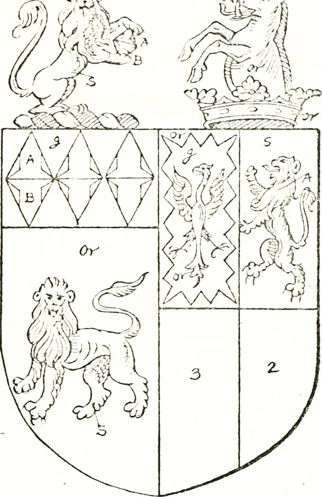 An illustration from The visitation of the county of Warwick, begun by Thomas May, Chester, and Gregory King, Rouge dragon, in Hilary vacacon, 1682. Reviewed by them in the Trinity vacacon following, and finished by Henry Dethick Richmond, and said rouge dragon pursuiv in Trinity vacation, 1683, by virtue of several deputations from Sir Henry St. George, Clarenceux king of arms, 1911, leaf 358