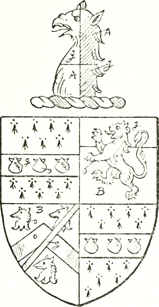 An illustration from The visitation of the county of Warwick, begun by Thomas May, Chester, and Gregory King, Rouge dragon, in Hilary vacacon, 1682. Reviewed by them in the Trinity vacacon following, and finished by Henry Dethick Richmond, and said rouge dragon pursuiv in Trinity vacation, 1683, by virtue of several deputations from Sir Henry St. George, Clarenceux king of arms, 1911, leaf 372