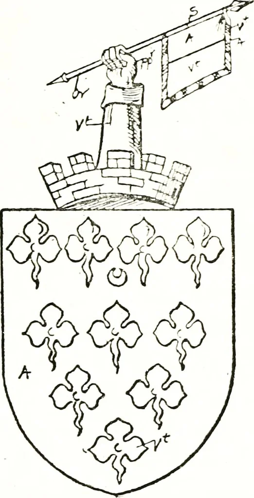An illustration from The visitation of the county of Warwick, begun by Thomas May, Chester, and Gregory King, Rouge dragon, in Hilary vacacon, 1682. Reviewed by them in the Trinity vacacon following, and finished by Henry Dethick Richmond, and said rouge dragon pursuiv in Trinity vacation, 1683, by virtue of several deputations from Sir Henry St. George, Clarenceux king of arms, 1911, leaf 390