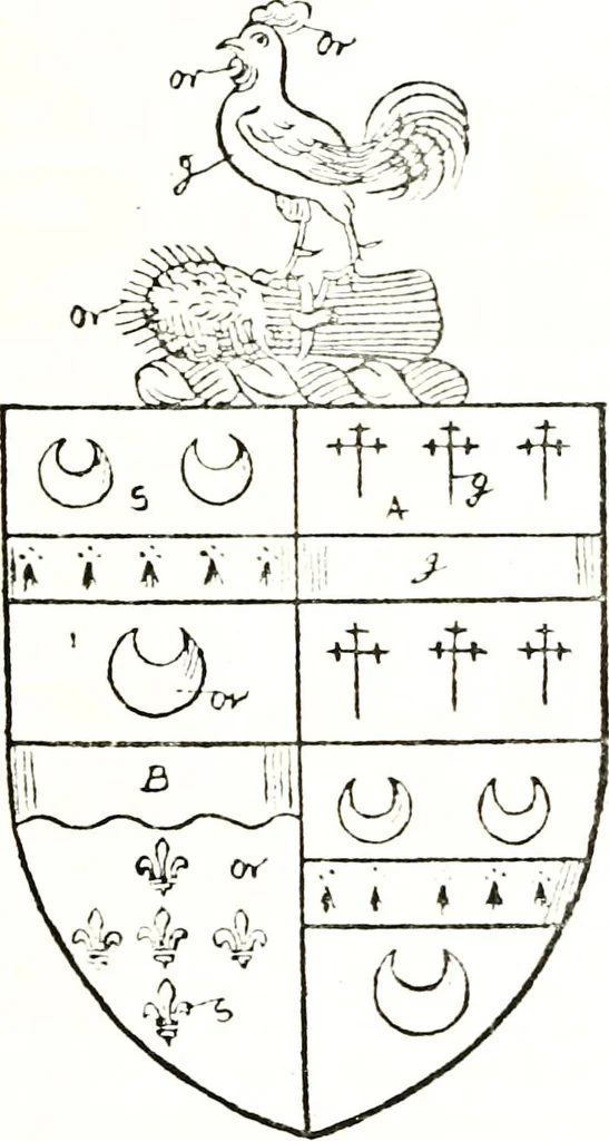An illustration from The visitation of the county of Warwick, begun by Thomas May, Chester, and Gregory King, Rouge dragon, in Hilary vacacon, 1682. Reviewed by them in the Trinity vacacon following, and finished by Henry Dethick Richmond, and said rouge dragon pursuiv in Trinity vacation, 1683, by virtue of several deputations from Sir Henry St. George, Clarenceux king of arms, 1911, leaf 48