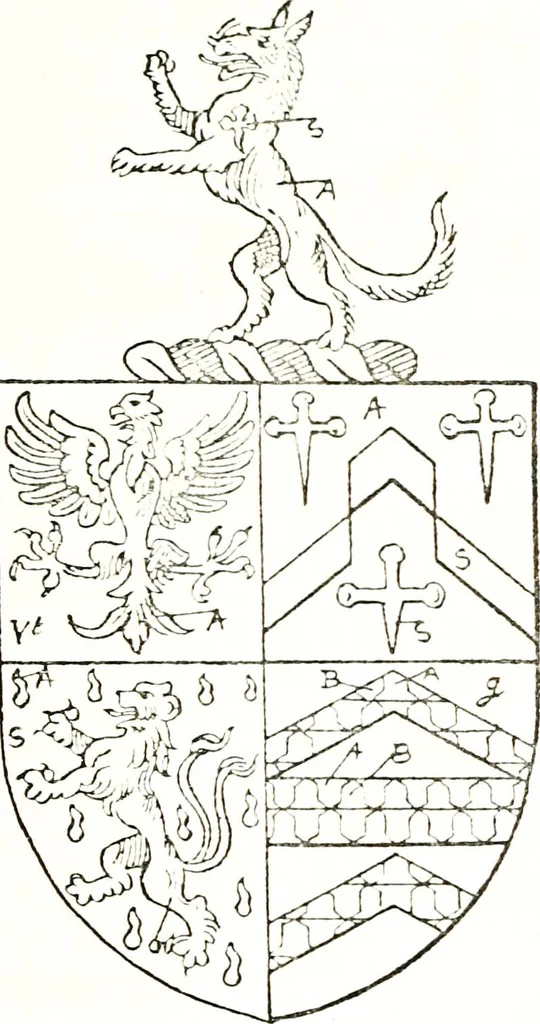 An illustration from The visitation of the county of Warwick, begun by Thomas May, Chester, and Gregory King, Rouge dragon, in Hilary vacacon, 1682. Reviewed by them in the Trinity vacacon following, and finished by Henry Dethick Richmond, and said rouge dragon pursuiv in Trinity vacation, 1683, by virtue of several deputations from Sir Henry St. George, Clarenceux king of arms, 1911, leaf 64