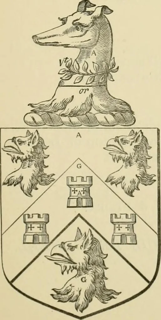 An illustration from The visitation of London, anno Domini 1633, 1634, and 1635. Made by Sr. Henry St. George, kt., Richmond herald, and deputy and marshal to Sr. Richard St. George, kt., Clarencieux king of armes, 1886, leaf 128
