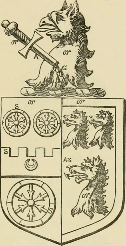 An illustration from The visitation of London, anno Domini 1633, 1634, and 1635. Made by Sr. Henry St. George, kt., Richmond herald, and deputy and marshal to Sr. Richard St. George, kt., Clarencieux king of armes, 1886, leaf 156