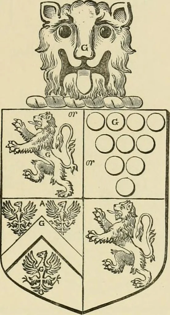 An illustration from The visitation of London, anno Domini 1633, 1634, and 1635. Made by Sr. Henry St. George, kt., Richmond herald, and deputy and marshal to Sr. Richard St. George, kt., Clarencieux king of armes, 1886, leaf 168