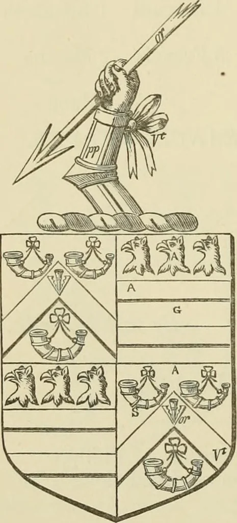 An illustration from The visitation of London, anno Domini 1633, 1634, and 1635. Made by Sr. Henry St. George, kt., Richmond herald, and deputy and marshal to Sr. Richard St. George, kt., Clarencieux king of armes, 1886, leaf 295