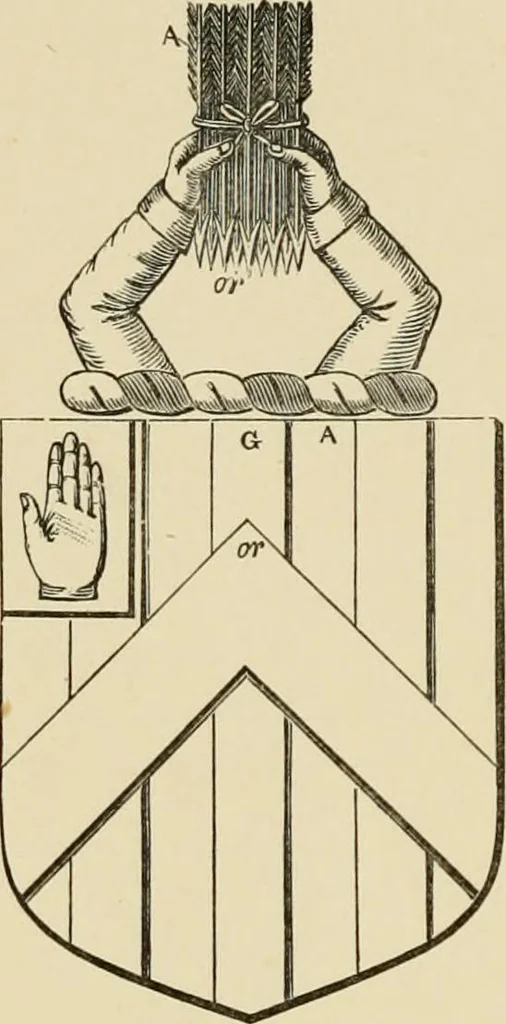 An illustration from The visitation of London, anno Domini 1633, 1634, and 1635. Made by Sr. Henry St. George, kt., Richmond herald, and deputy and marshal to Sr. Richard St. George, kt., Clarencieux king of armes, 1886, leaf 63