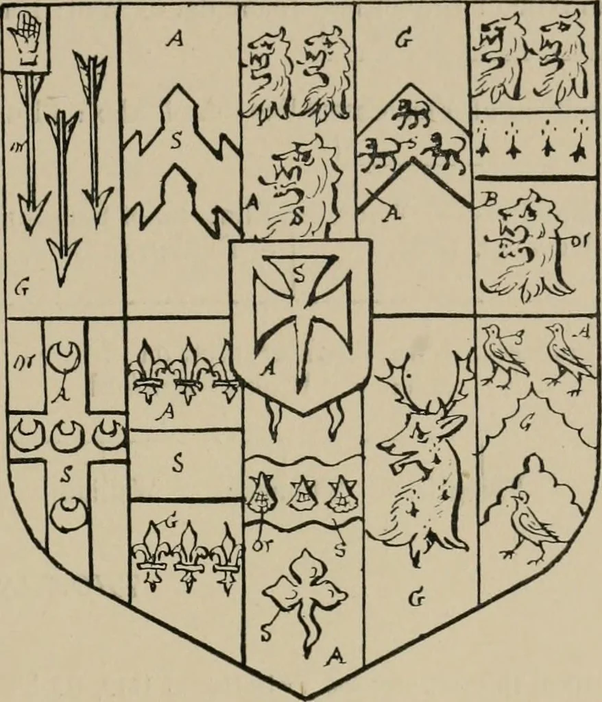 An illustration from The visitations of the county of Sussex made and taken in the years 1530, Thomas Benolte, Clarenceux king of arms; and 1633-4 by John Philipot, Somerset herald, and George Owen, York herald, for Sir John Burroughs, Garter, and Sir Richard St. George, Clarenceux, 1905, leaf 350