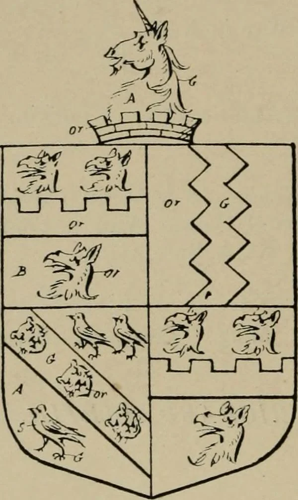 An illustration from The visitations of the county of Sussex made and taken in the years 1530, Thomas Benolte, Clarenceux king of arms; and 1633-4 by John Philipot, Somerset herald, and George Owen, York herald, for Sir John Burroughs, Garter, and Sir Richard St. George, Clarenceux, 1905, leaf 389