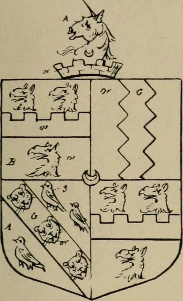 An illustration from The visitations of the county of Sussex made and taken in the years 1530, Thomas Benolte, Clarenceux king of arms; and 1633-4 by John Philipot, Somerset herald, and George Owen, York herald, for Sir John Burroughs, Garter, and Sir Richard St. George, Clarenceux, 1905, leaf 390