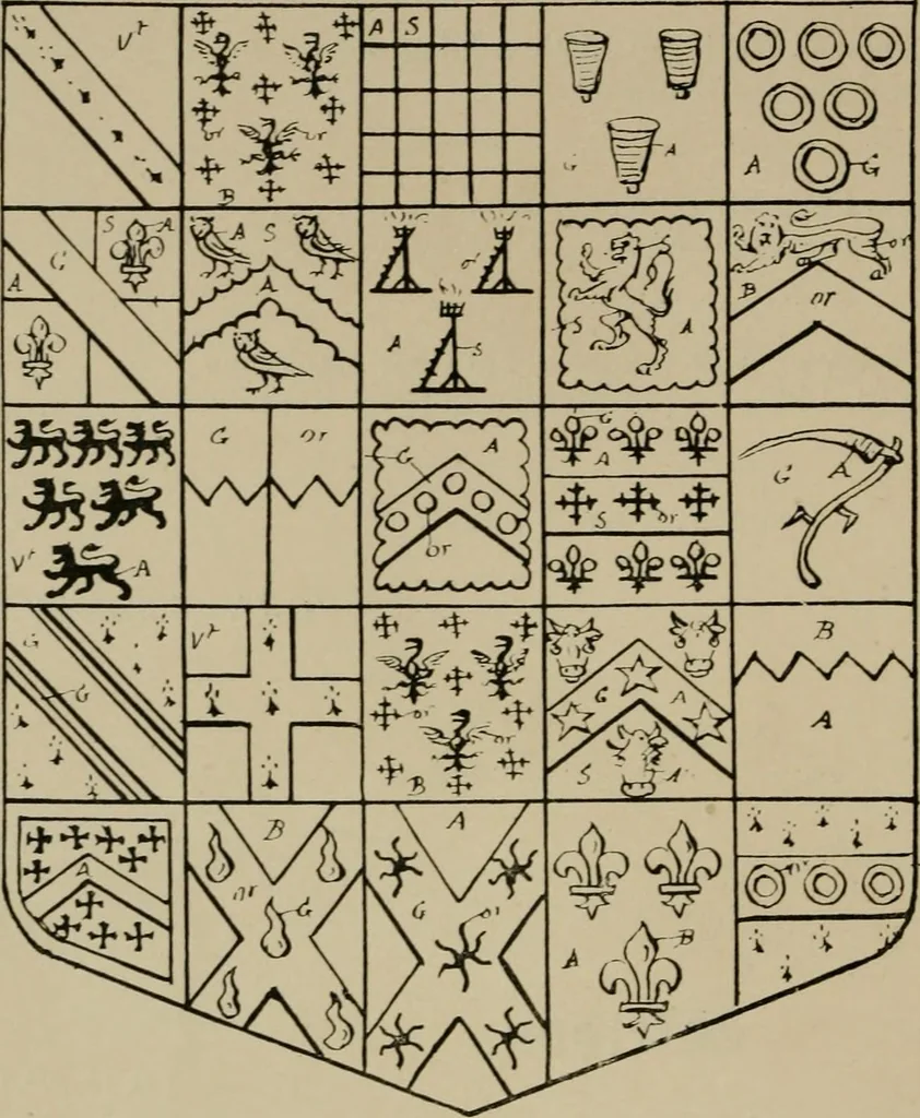 An illustration from The visitations of the county of Sussex made and taken in the years 1530, Thomas Benolte, Clarenceux king of arms; and 1633-4 by John Philipot, Somerset herald, and George Owen, York herald, for Sir John Burroughs, Garter, and Sir Richard St. George, Clarenceux, 1905, leaf 457