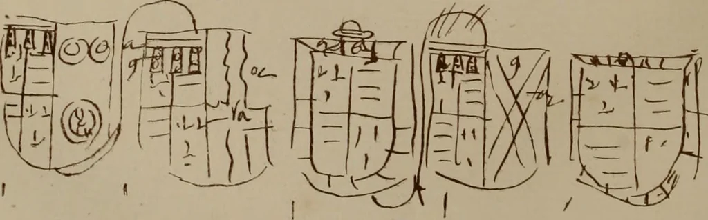 An illustration from The visitations of the county of Oxford : taken in the years 1566 by William Harvey, Clarencieux; 1574 by Richard Lee, Portcullis ; and in 1634 by John Philpott, Somerset, and William Ryley, Bluemantle. Together with The gatherings of Oxfordshire, collected by Richard Lee in 1574, 1871, leaf 361