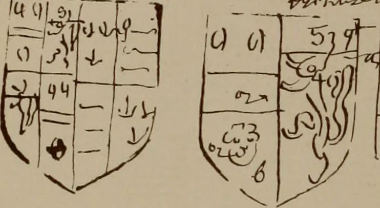 An illustration from The visitations of the county of Oxford : taken in the years 1566 by William Harvey, Clarencieux; 1574 by Richard Lee, Portcullis ; and in 1634 by John Philpott, Somerset, and William Ryley, Bluemantle. Together with The gatherings of Oxfordshire, collected by Richard Lee in 1574, 1871, leaf 361
