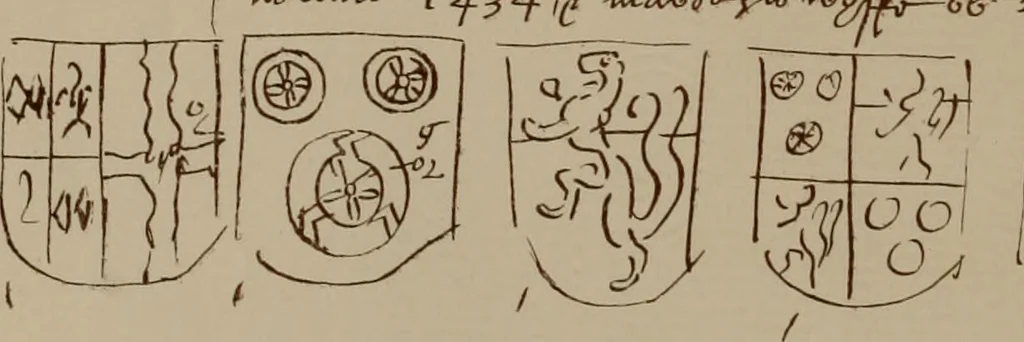 An illustration from The visitations of the county of Oxford : taken in the years 1566 by William Harvey, Clarencieux; 1574 by Richard Lee, Portcullis ; and in 1634 by John Philpott, Somerset, and William Ryley, Bluemantle. Together with The gatherings of Oxfordshire, collected by Richard Lee in 1574, 1871, leaf 361