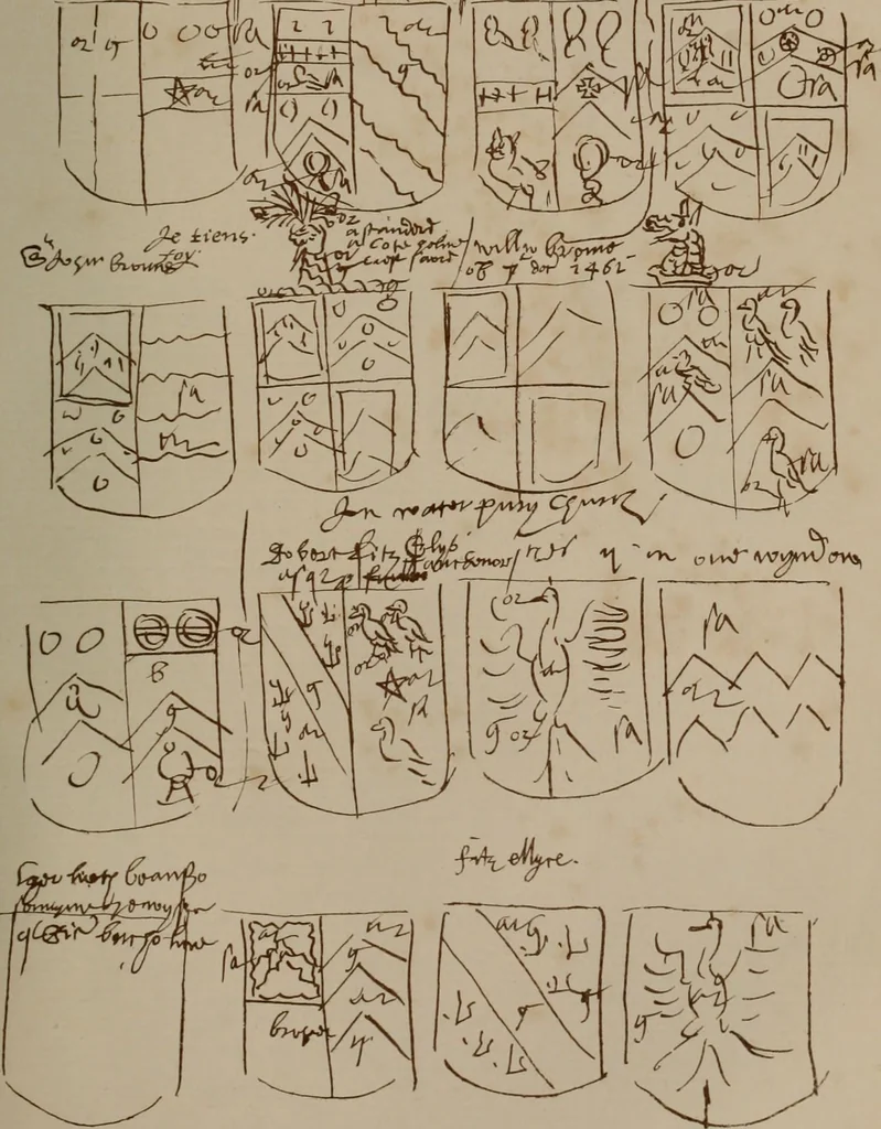 An illustration from The visitations of the county of Oxford : taken in the years 1566 by William Harvey, Clarencieux; 1574 by Richard Lee, Portcullis ; and in 1634 by John Philpott, Somerset, and William Ryley, Bluemantle. Together with The gatherings of Oxfordshire, collected by Richard Lee in 1574, 1871, leaf 362