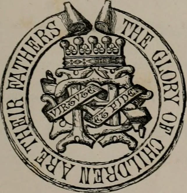 An illustration from The visitations of the county of Oxford : taken in the years 1566 by William Harvey, Clarencieux; 1574 by Richard Lee, Portcullis ; and in 1634 by John Philpott, Somerset, and William Ryley, Bluemantle. Together with The gatherings of Oxfordshire, collected by Richard Lee in 1574, 1871, leaf 4