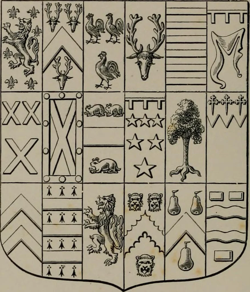 An illustration from The visitations of the county of Oxford : taken in the years 1566 by William Harvey, Clarencieux; 1574 by Richard Lee, Portcullis ; and in 1634 by John Philpott, Somerset, and William Ryley, Bluemantle. Together with The gatherings of Oxfordshire, collected by Richard Lee in 1574, 1871, leaf 411