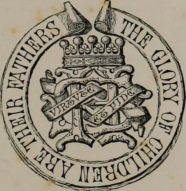 An illustration from The visitations of the county of Oxford : taken in the years 1566 by William Harvey, Clarencieux; 1574 by Richard Lee, Portcullis ; and in 1634 by John Philpott, Somerset, and William Ryley, Bluemantle. Together with The gatherings of Oxfordshire, collected by Richard Lee in 1574, 1871, leaf 412