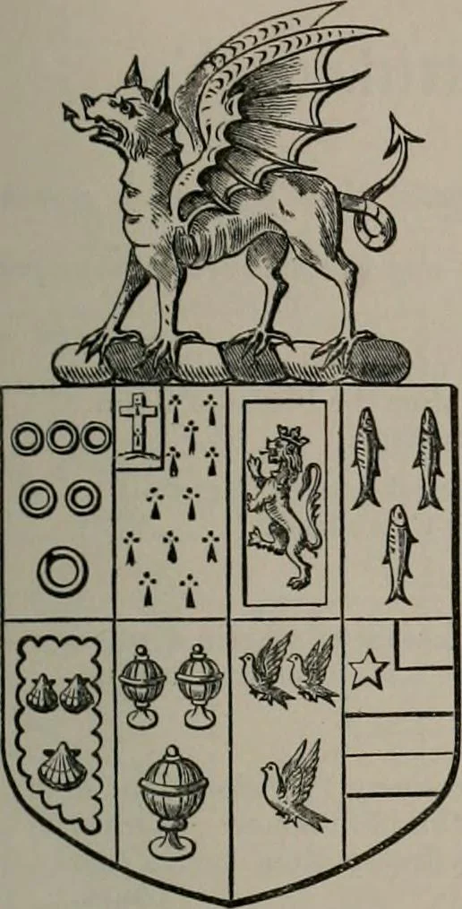 An illustration from The visitations of the county of Oxford : taken in the years 1566 by William Harvey, Clarencieux; 1574 by Richard Lee, Portcullis ; and in 1634 by John Philpott, Somerset, and William Ryley, Bluemantle. Together with The gatherings of Oxfordshire, collected by Richard Lee in 1574, 1871, leaf 840