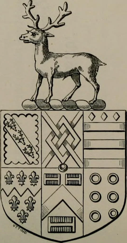 An illustration from The visitations of the county of Oxford : taken in the years 1566 by William Harvey, Clarencieux; 1574 by Richard Lee, Portcullis ; and in 1634 by John Philpott, Somerset, and William Ryley, Bluemantle. Together with The gatherings of Oxfordshire, collected by Richard Lee in 1574, 1871, leaf 845