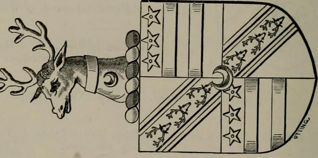 An illustration from The visitations of the county of Oxford : taken in the years 1566 by William Harvey, Clarencieux; 1574 by Richard Lee, Portcullis ; and in 1634 by John Philpott, Somerset, and William Ryley, Bluemantle. Together with The gatherings of Oxfordshire, collected by Richard Lee in 1574, 1871, leaf 845