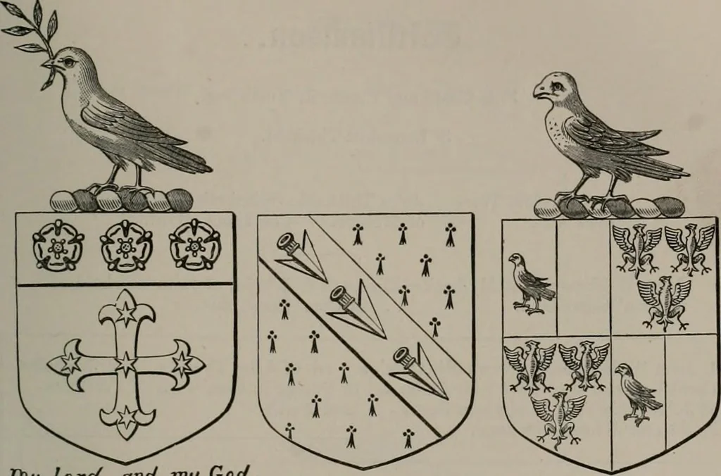 An illustration from The visitations of the county of Oxford : taken in the years 1566 by William Harvey, Clarencieux; 1574 by Richard Lee, Portcullis ; and in 1634 by John Philpott, Somerset, and William Ryley, Bluemantle. Together with The gatherings of Oxfordshire, collected by Richard Lee in 1574, 1871, leaf 850
