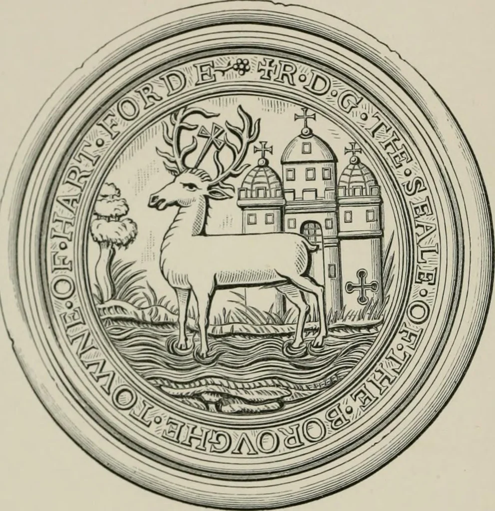 An illustration from The visitations of Hertfordshire : made by Robert Cooke, esq.,Clarencieux, in 1572, and Sir Richard St. George, kt., Clarencieux, in 1634, with Hertfordshire pedigrees from Harleian mss. 6147 and 1546, 1886, leaf 11