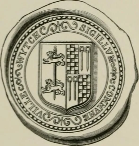 An illustration from The visitations of Hertfordshire : made by Robert Cooke, esq.,Clarencieux, in 1572, and Sir Richard St. George, kt., Clarencieux, in 1634, with Hertfordshire pedigrees from Harleian mss. 6147 and 1546, 1886, leaf 203