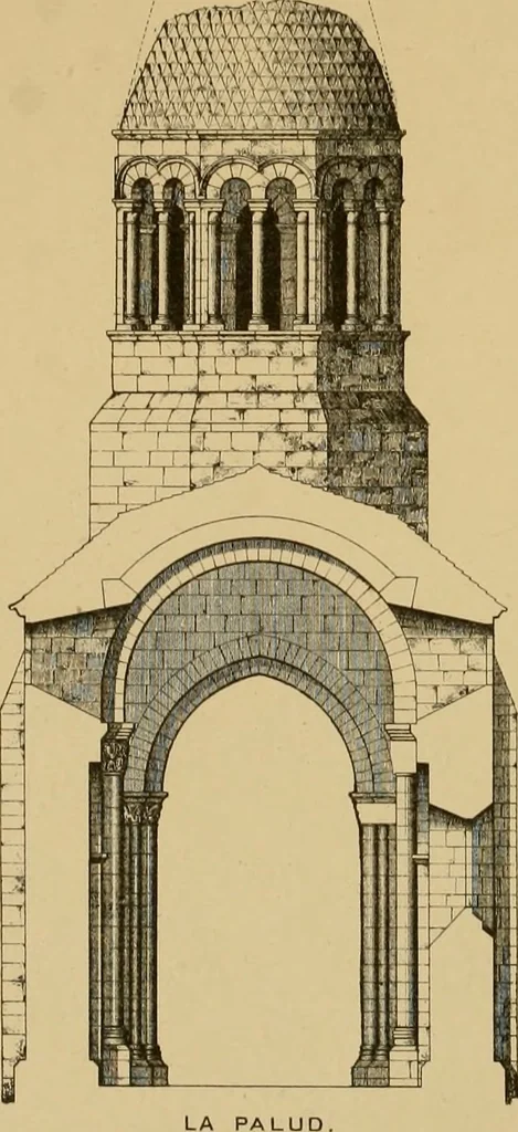An illustration from A visit to the domed churches of Charente, France, by the Architectural Association of London, in the year 1875 : published as a memorial to Edmund Sharpe : with an historical and descriptive text, illustrated by sixty photo-lithographed plates, 1880, leaf 100