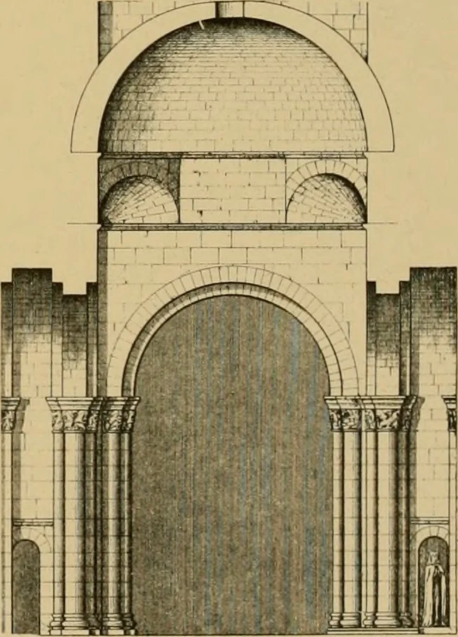 An illustration from A visit to the domed churches of Charente, France, by the Architectural Association of London, in the year 1875 : published as a memorial to Edmund Sharpe : with an historical and descriptive text, illustrated by sixty photo-lithographed plates, 1880, leaf 102