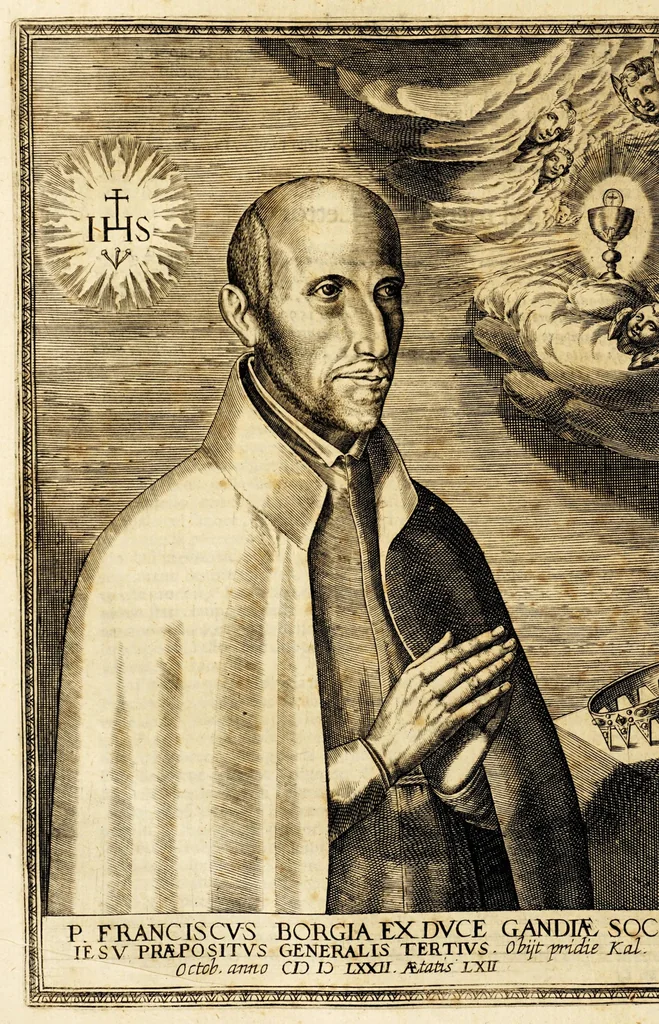 An illustration from Vita del P. Francesco Borgia, che fu duca di Gandia, e poi religioso, e III. Generale della Compag. di Giesu., 1616, leaf 14