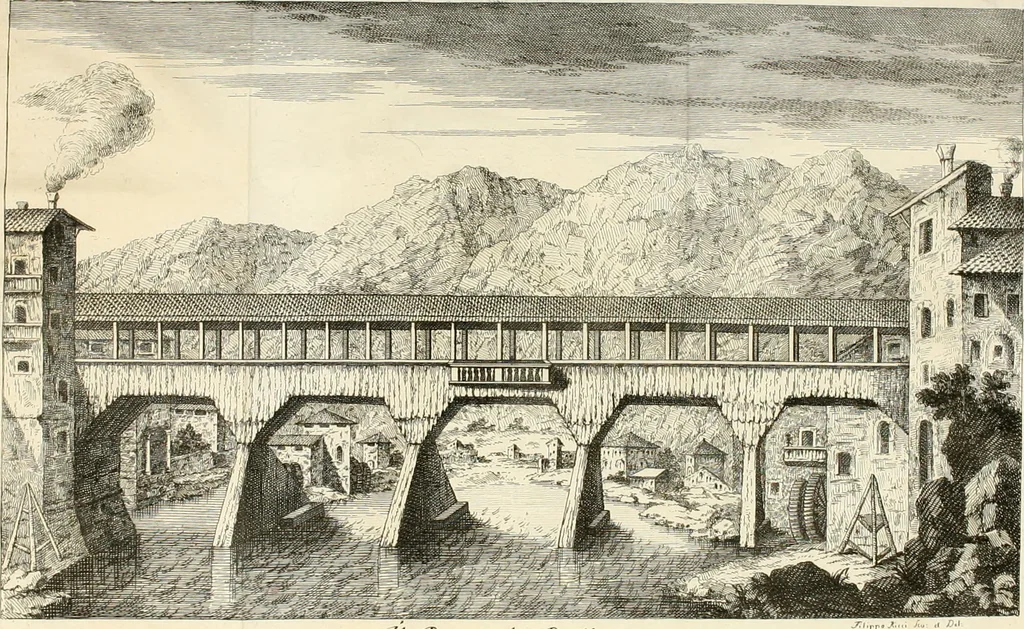 An illustration from Vita e macchine di Bartolommeo Ferracino, celebre bassanese ingegnere : colla storia del Ponte di Bassano dal medesimo rifabbrecato : illustrata da varie note riguardanti la stessa città, 1754, leaf 245