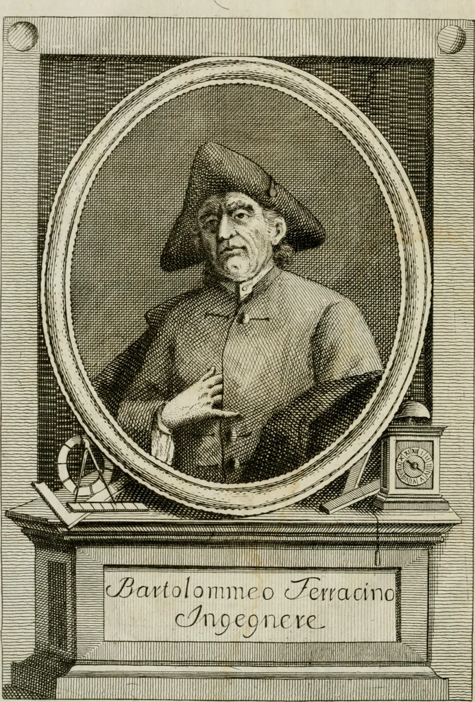 An illustration from Vita e macchine di Bartolommeo Ferracino, celebre bassanese ingegnere : colla storia del Ponte di Bassano dal medesimo rifabbrecato : illustrata da varie note riguardanti la stessa città, 1754, leaf 7