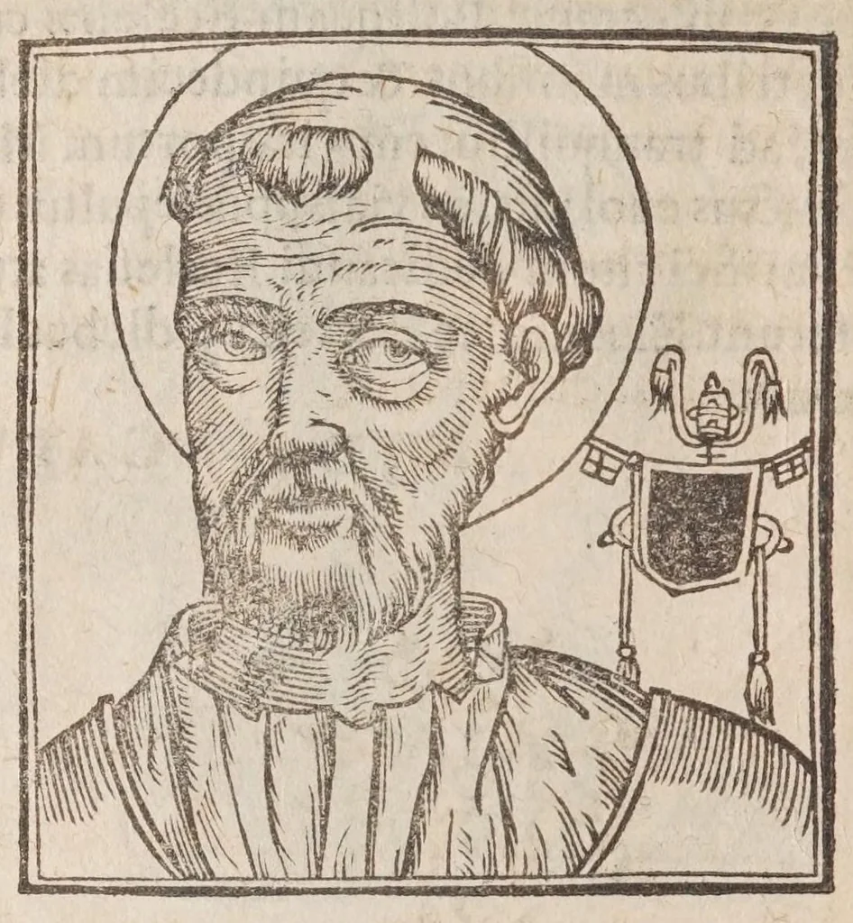 An illustration from Vitae romanorvm pontificvm a D. Petro vsqve ad Clementem VIII : ex Platinae historia in epitomen redactae, ac iuxta Onuphrij Paniunij eremitae augustiniani censionem ordinatae : his praeter alia accesserunt eorundem pontificum imagines ad viuum expressae, labore & industria Ioannis a Glano leodicensis incisae, 1597, leaf 102