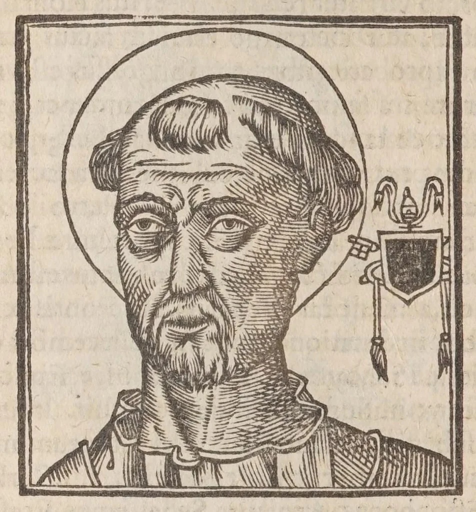 An illustration from Vitae romanorvm pontificvm a D. Petro vsqve ad Clementem VIII : ex Platinae historia in epitomen redactae, ac iuxta Onuphrij Paniunij eremitae augustiniani censionem ordinatae : his praeter alia accesserunt eorundem pontificum imagines ad viuum expressae, labore & industria Ioannis a Glano leodicensis incisae, 1597, leaf 108