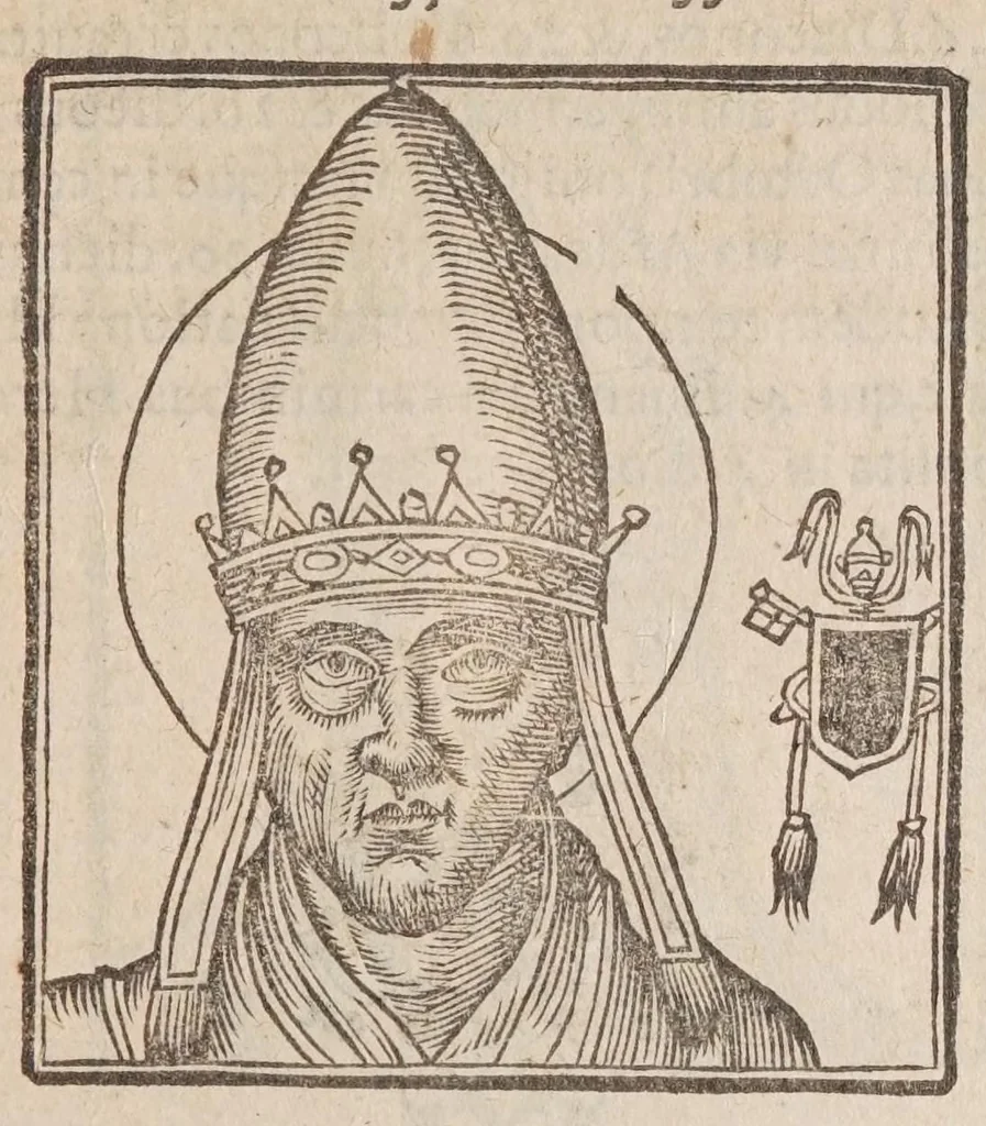 An illustration from Vitae romanorvm pontificvm a D. Petro vsqve ad Clementem VIII : ex Platinae historia in epitomen redactae, ac iuxta Onuphrij Paniunij eremitae augustiniani censionem ordinatae : his praeter alia accesserunt eorundem pontificum imagines ad viuum expressae, labore & industria Ioannis a Glano leodicensis incisae, 1597, leaf 117