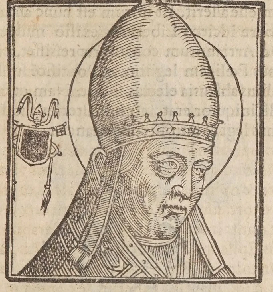 An illustration from Vitae romanorvm pontificvm a D. Petro vsqve ad Clementem VIII : ex Platinae historia in epitomen redactae, ac iuxta Onuphrij Paniunij eremitae augustiniani censionem ordinatae : his praeter alia accesserunt eorundem pontificum imagines ad viuum expressae, labore & industria Ioannis a Glano leodicensis incisae, 1597, leaf 123