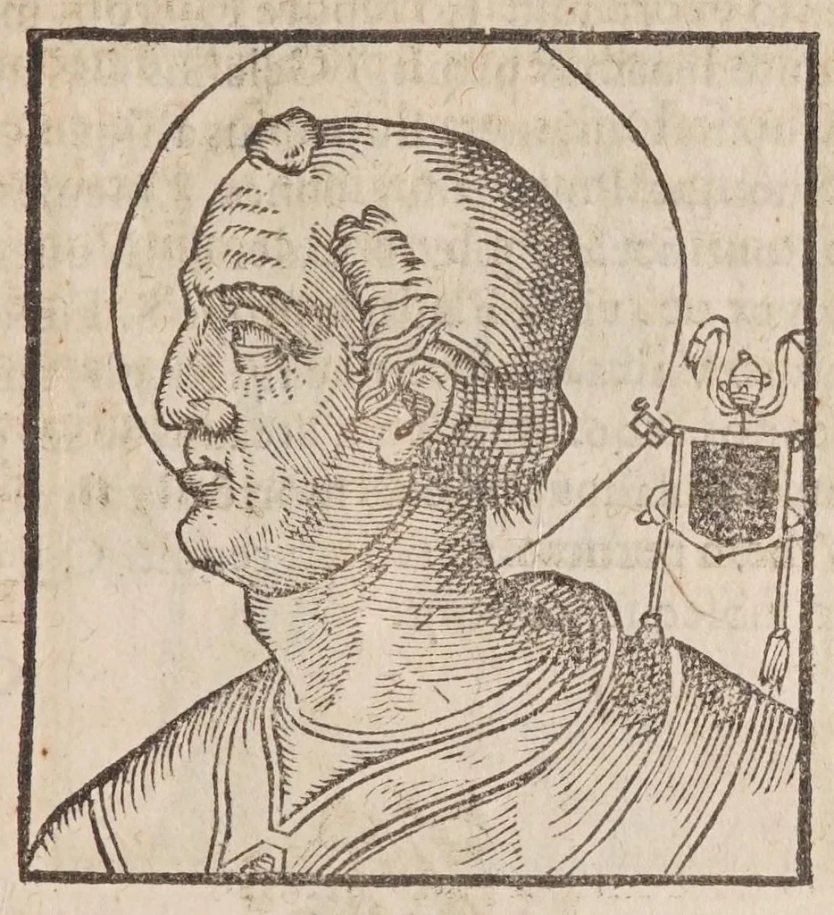 An illustration from Vitae romanorvm pontificvm a D. Petro vsqve ad Clementem VIII : ex Platinae historia in epitomen redactae, ac iuxta Onuphrij Paniunij eremitae augustiniani censionem ordinatae : his praeter alia accesserunt eorundem pontificum imagines ad viuum expressae, labore & industria Ioannis a Glano leodicensis incisae, 1597, leaf 135