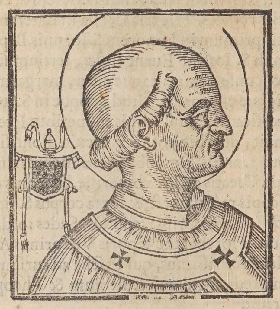 An illustration from Vitae romanorvm pontificvm a D. Petro vsqve ad Clementem VIII : ex Platinae historia in epitomen redactae, ac iuxta Onuphrij Paniunij eremitae augustiniani censionem ordinatae : his praeter alia accesserunt eorundem pontificum imagines ad viuum expressae, labore & industria Ioannis a Glano leodicensis incisae, 1597, leaf 146