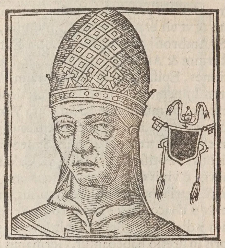 An illustration from Vitae romanorvm pontificvm a D. Petro vsqve ad Clementem VIII : ex Platinae historia in epitomen redactae, ac iuxta Onuphrij Paniunij eremitae augustiniani censionem ordinatae : his praeter alia accesserunt eorundem pontificum imagines ad viuum expressae, labore & industria Ioannis a Glano leodicensis incisae, 1597, leaf 152